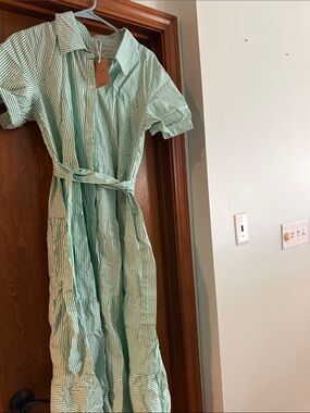 Mint Green Striped Tie-Waist Shirt Dress
